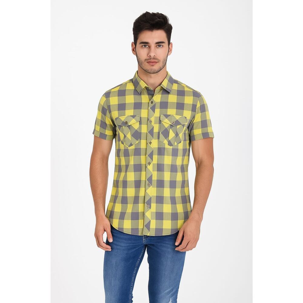 Hang Ten Men's Button Up Shirt Short Sleeve Y2K Yellow / Gray Plaid Size Small